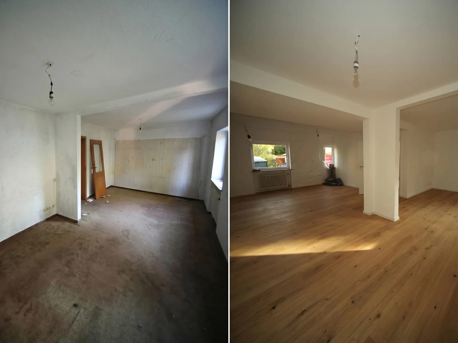 Wohnraum vor und nach der Komplettrenovierung