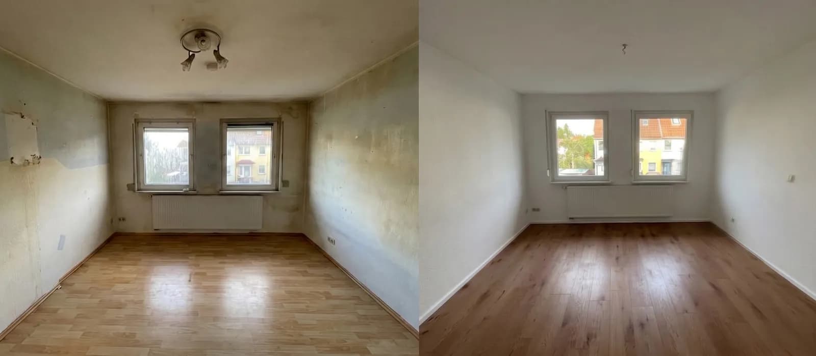 Leere Mietwohnung vor und nach der Renovierung
